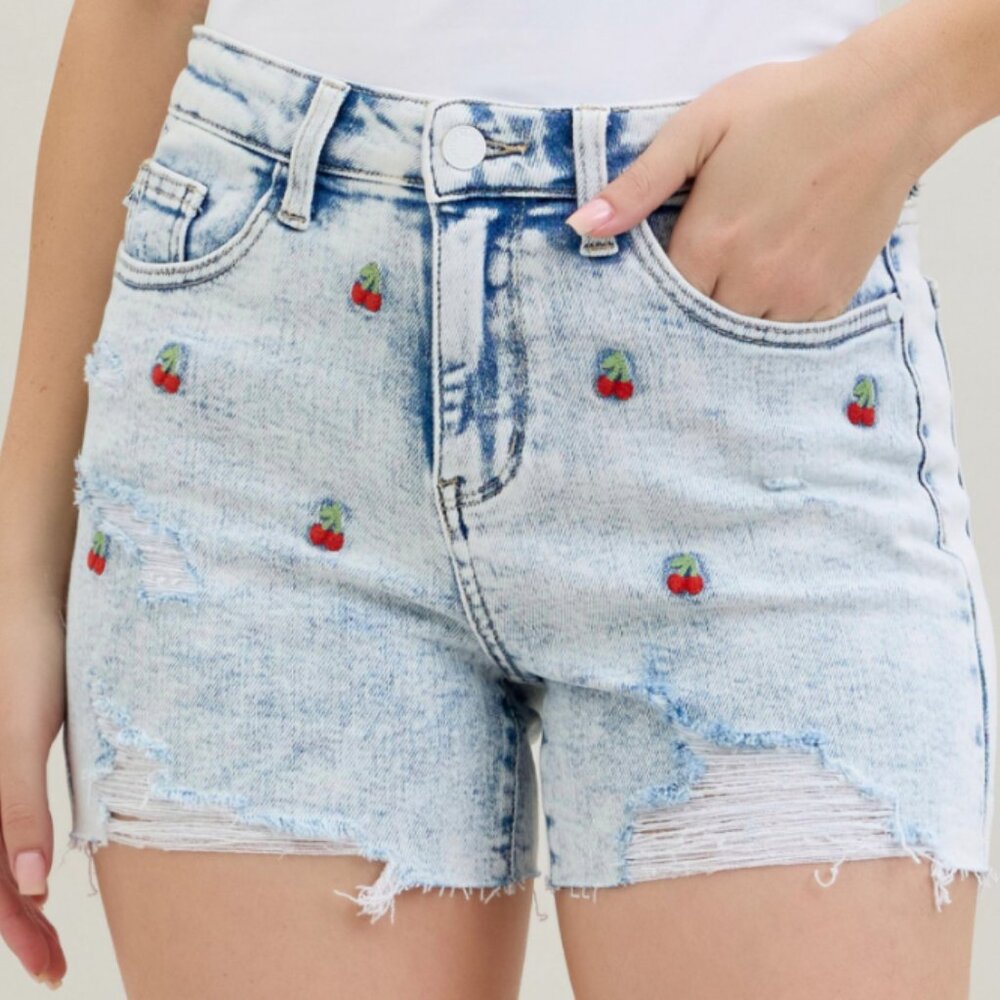 NWT Judy Blue High Waist Cherry Embroidery acid wash shorts